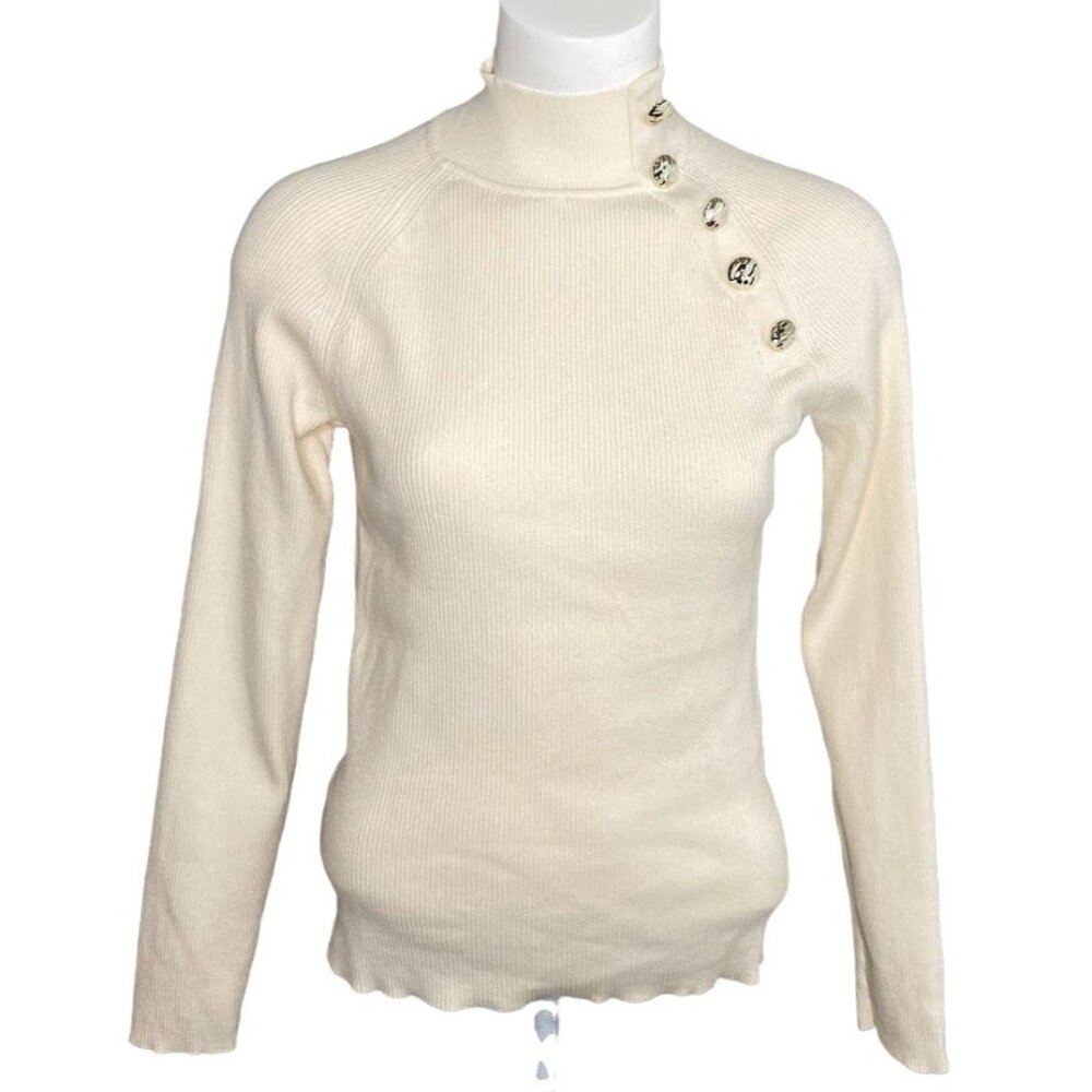 Anne Klein Sweater‎ Top Women's MEDIUM Ivory White Mock-Neck Buttons Soft EUC